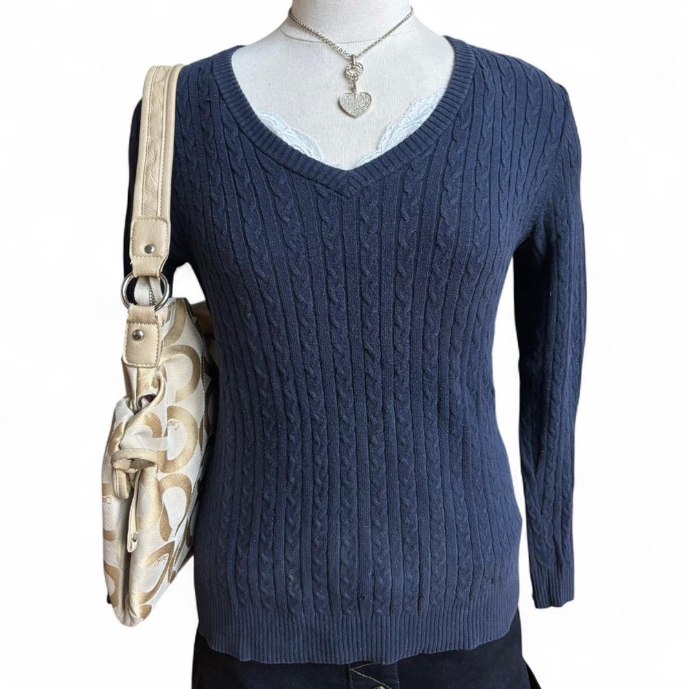 Y2K Navy Cable Knit V-Neck Sweater
